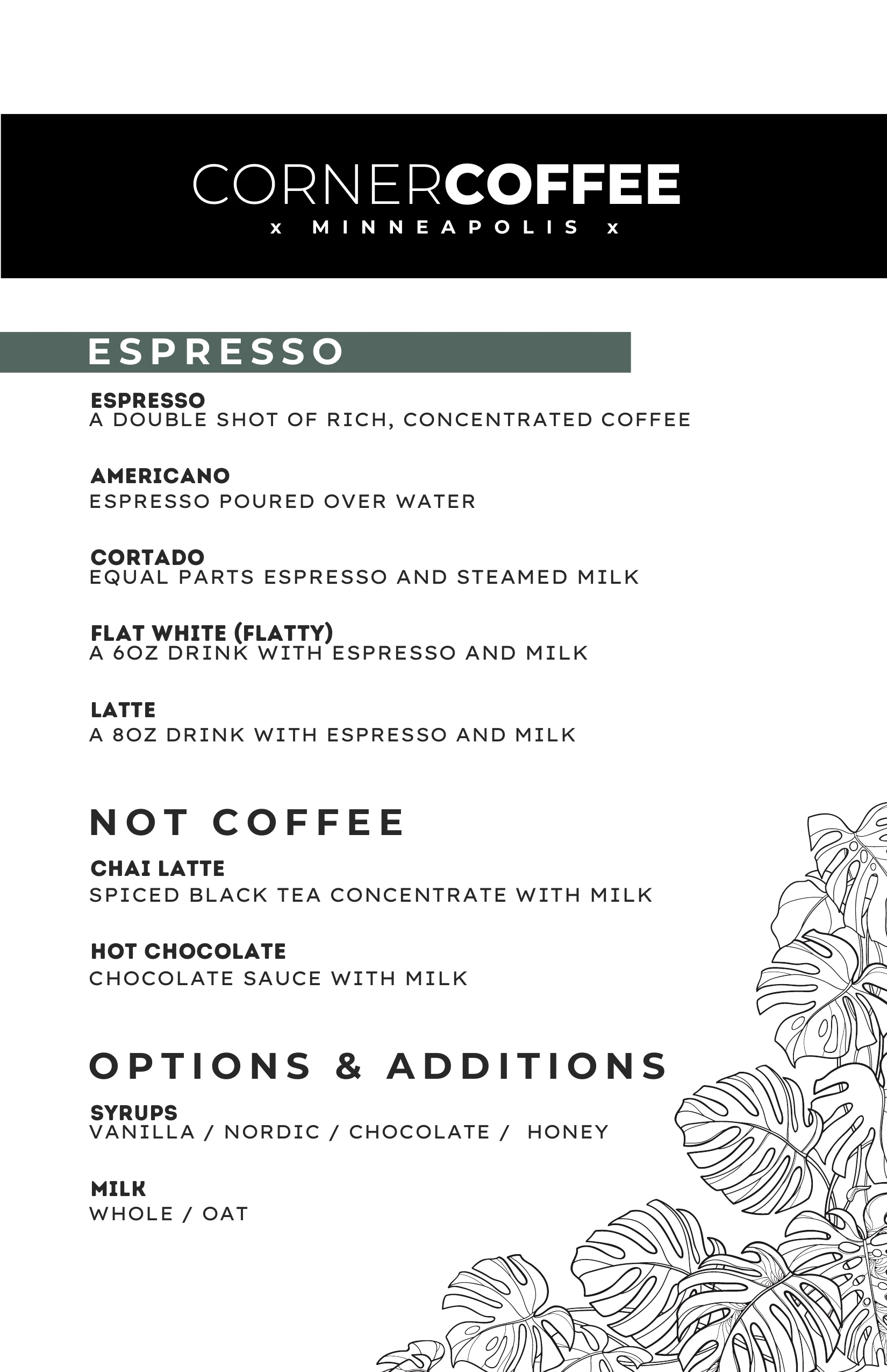 Corner Coffee standard coffee cart menu